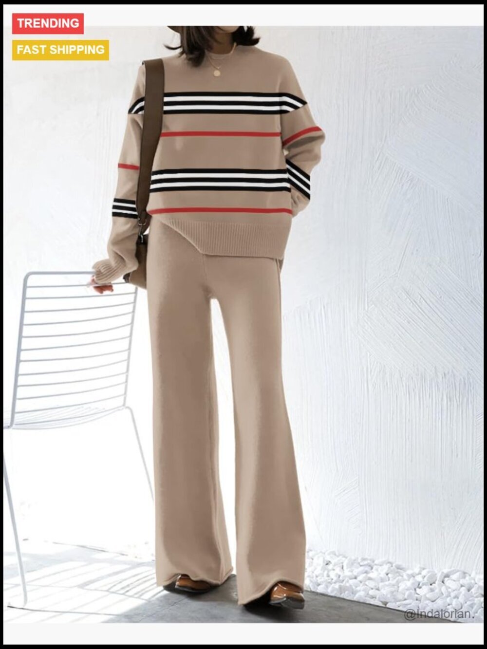 Polyester Lounge Set with Knitted Sweater Top and Wide Leg Sweatpants - Picture 2 of 6